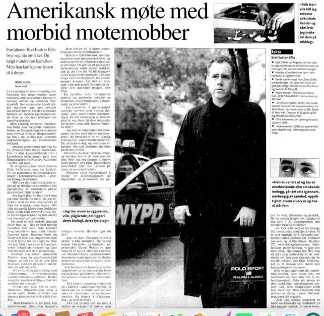 Faksimile av Aftenpostens intervju med Bret Easton Ellis  i 1999.