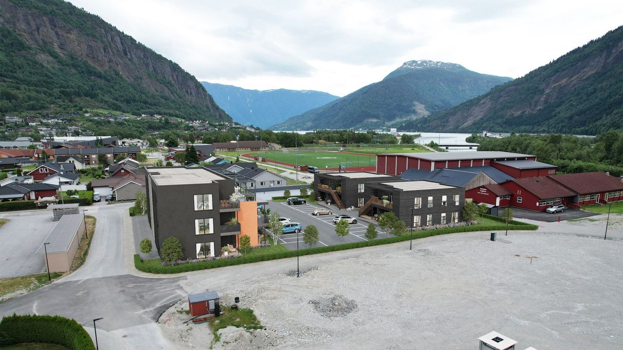 På mange stader dukkar det no opp leilegheiter som desse, men dei er ofte dyre, slik som her frå Grandmo i Gaupne. Her kostar dei mest attraktive leilegheitene rundt sju millionar kroner. Foto/Illustrasjon: Privatmegleren Sogndal