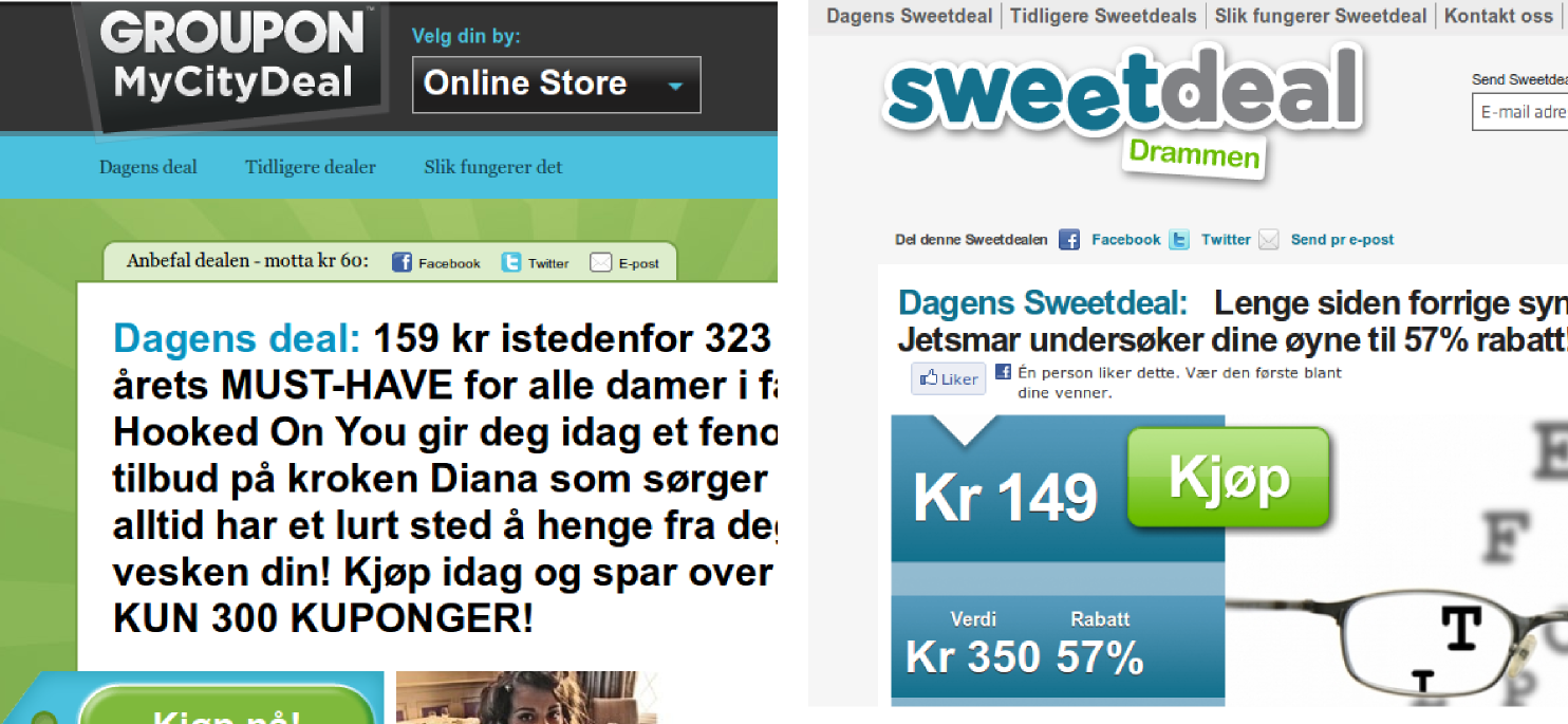 Likheten mellom utfordreren Sweetdeal og Groupon er slående. Montasje: Oslo Business Memo