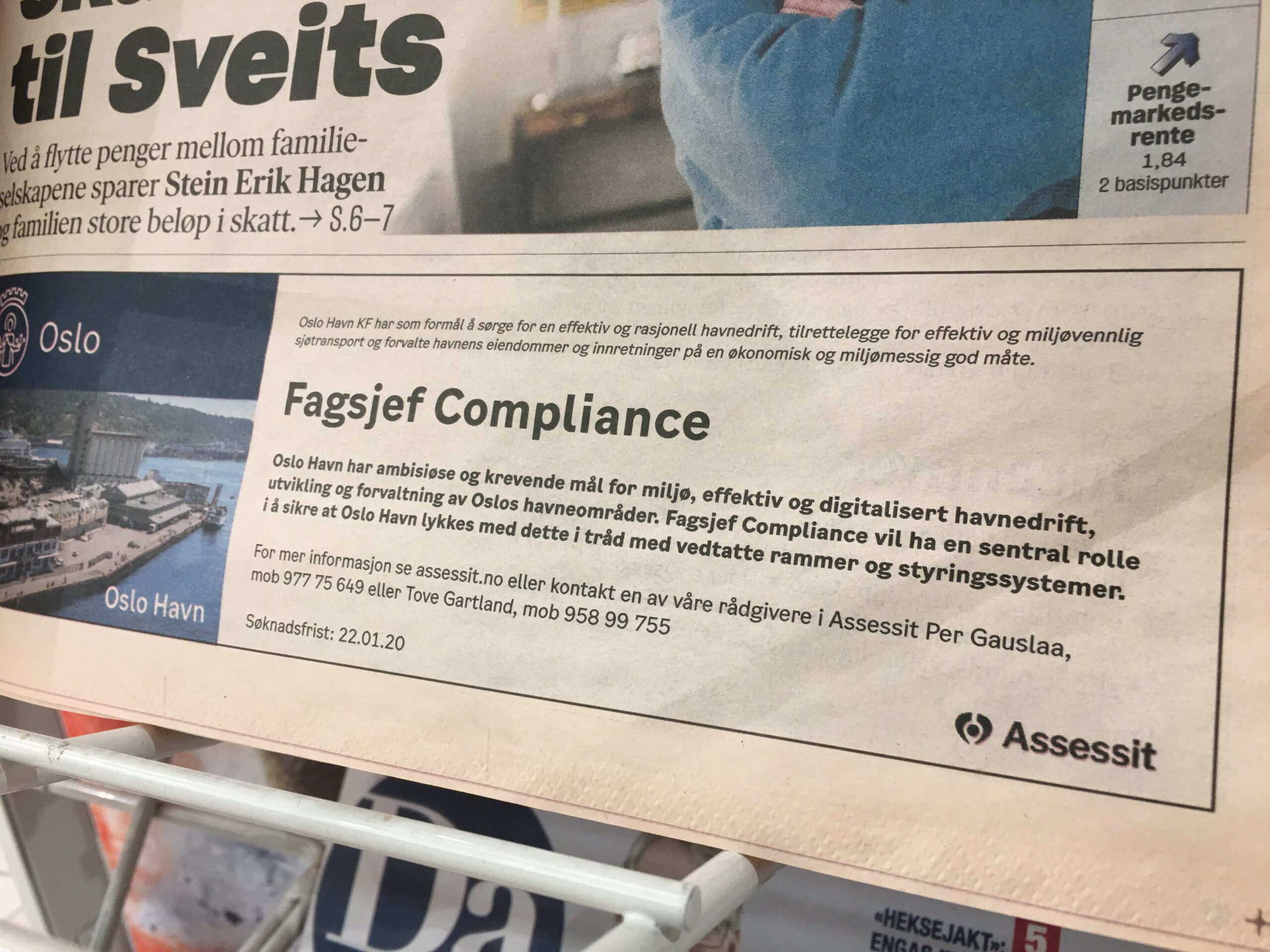 KONKURRANSE OM COMPLIANCE: Det er ikke bare i finansnæringen det jaktes på folk med høy kompetanse innenfor regeletterlevelse. Her har Oslo Havn måttet ty til førstesiden i Dagens Næringsliv for å få oppmerksomhet om en ledig jobb. Foto: OBM.