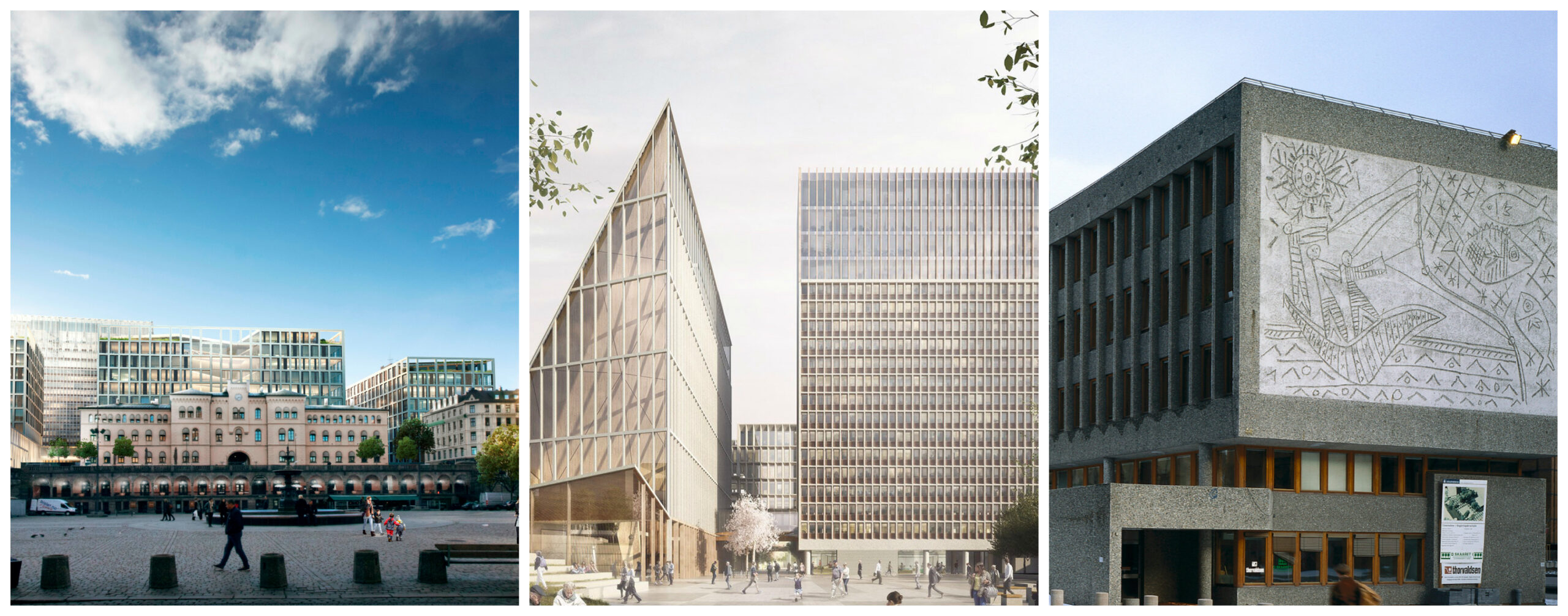 To prosjektgrupper konkurrerer om det nye regjeringskvartalet, Lysning til venstre, Adapt i midten og til høyre Y-blokka, som går en usikker fremtid i møte. Hva skjer med Picassos kunst om den blir revet til fordel for de nye ideene? OBM-collage basert på bilder fra Statsbygg.