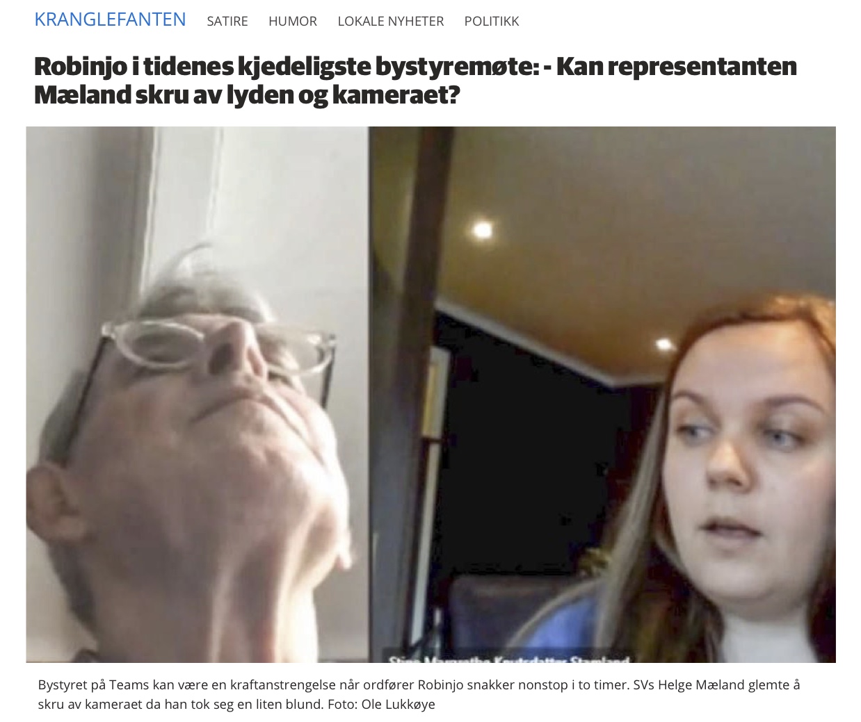 Billedtekst: Politikere beskylder hverandre stadig for å sove i timen. Men SV-politikeren Helge Mæland i Telemark gjorde det med stil. Den myndige Mæland reagerte da ordføreren i Porsgrunn var på vei ut i den andre timen med enetale -og snorket! Nå hylles Mælands protest. Han har skapt nytt liv i debatten om møtets makt. Kilde:Skjermdump fra PD.