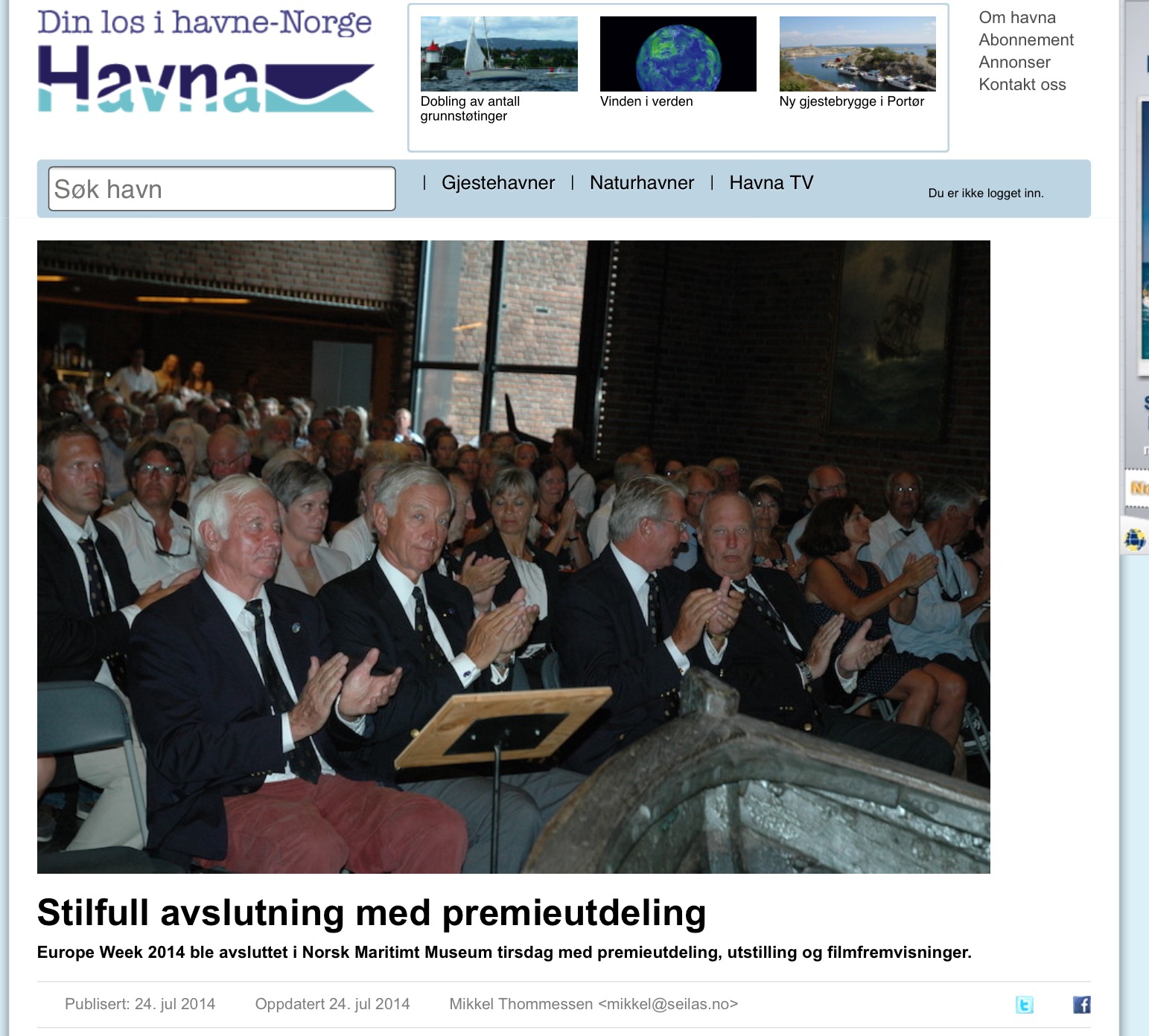 I godt selskap mens KNS akutte pengekrise forsterker seg: Faksimile fra havna.com er fra avslutningen av seilasen Europe Week 2014 hvor KNS-styreleder Jørgen Stang Heffermehl, Oslo-ordfører Fabian Stang og Norges-konge Harald i felles seilasapplaus.