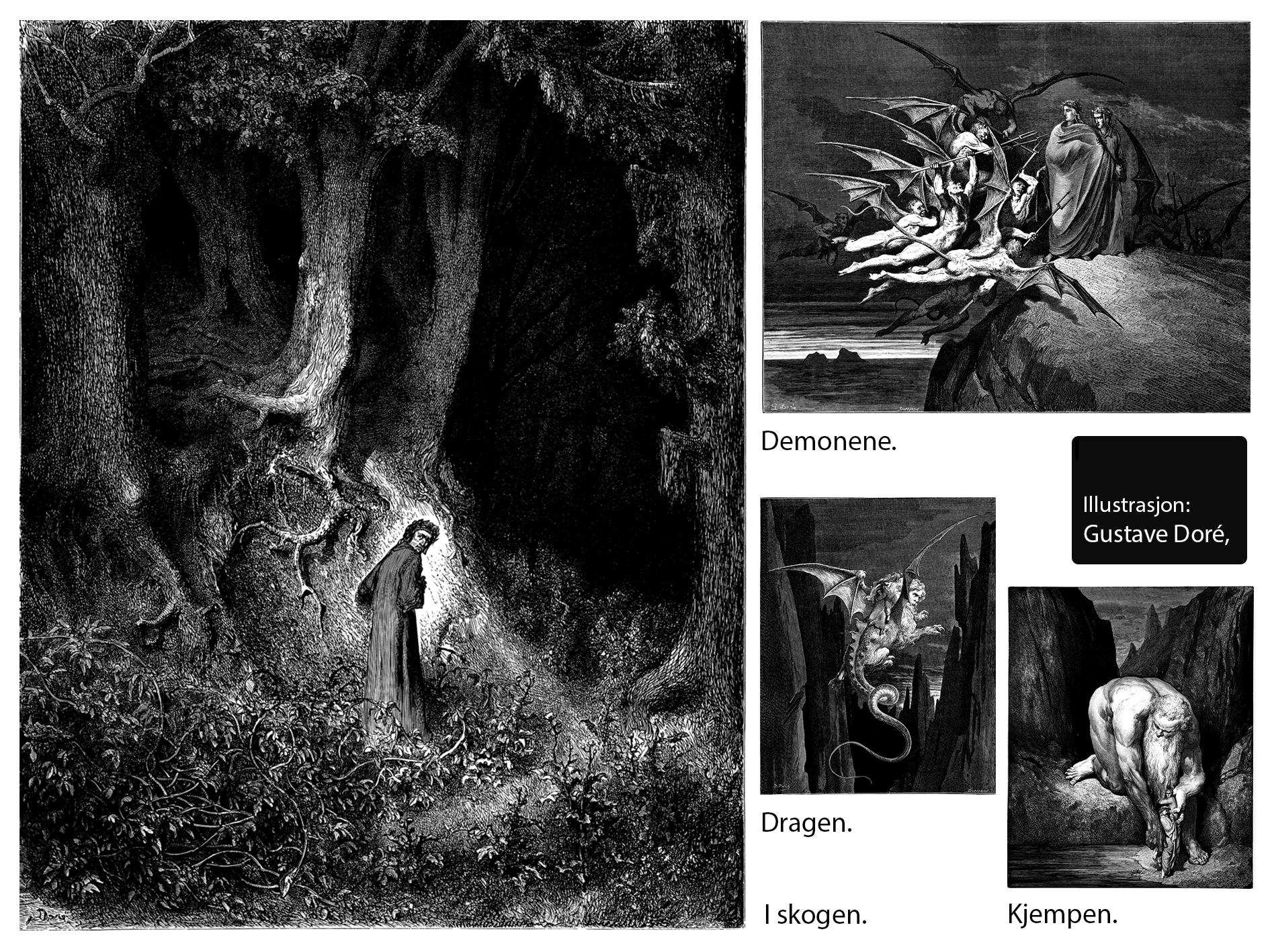 Kristin Flood har valgt trykk av den franske billedkunstneren Gustave Doré. Morten Krogvoll har avfotografert trykkene til bruk i boken. Klikk på bildet for større visning!