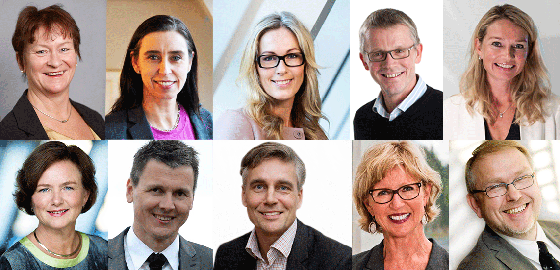 Øverst fra venstre: Inger Solberg (foto: Tommy Andresen), Mona Skaret (foto: Innovasjon Norge), Anita Krohn Traaseth (foto: Jo Michael), Bård Strandheim (foto: Morten Bjerk) og Yvonne Fosser (foto: Privat). Nederst fra venstre: Elisabeth Morthen (foto: Jo Michael), Rodin Lie (foto: privat), Per Niederbach (foto: Siv Nærø), Toril Bariusdotter Ressem (foto: Olav Storm), Hans Martin Vikdal (foto: Siv Nærø),