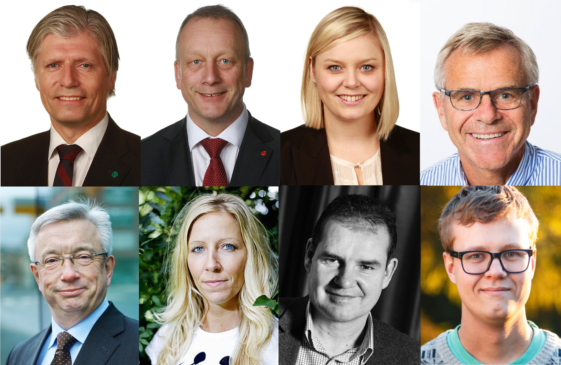 KOMMER: Ø.f.v.: Ola Elvestuen (Venstre), Per Rune Henriksen (Arbeiderpartiet), Tina Bru (Høyre) og Terje Osmundsen (Scatec Solar). N.f.v.: Karl Eirik Schjøtt-Pedersen (Norsk Olje og Gass, Nina Jensen (WWF), Ståle Gjersvold (Trønder Energi) og Tord Hustveit (Norges Unge Venstre).