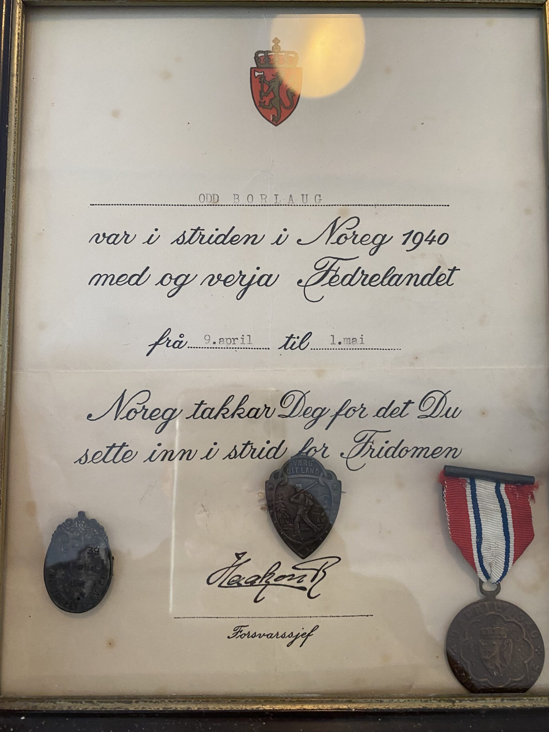 «Noreg takkar deg for fridomen», står det på diplomet som Odd Borlaug fekk for krigsinnsatsen sin. Foto: Eli Strand / NPK