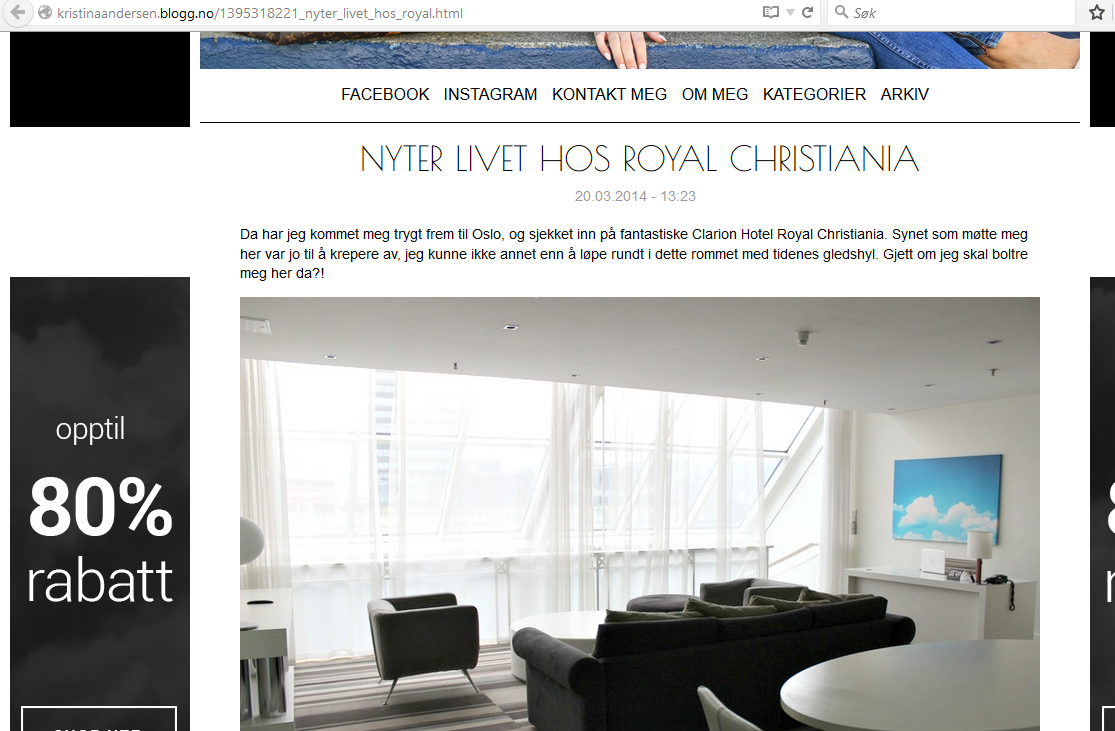 Blogger Kristina Andersen nyter livet på Royal Christiania. Faksimile av bloggside.
