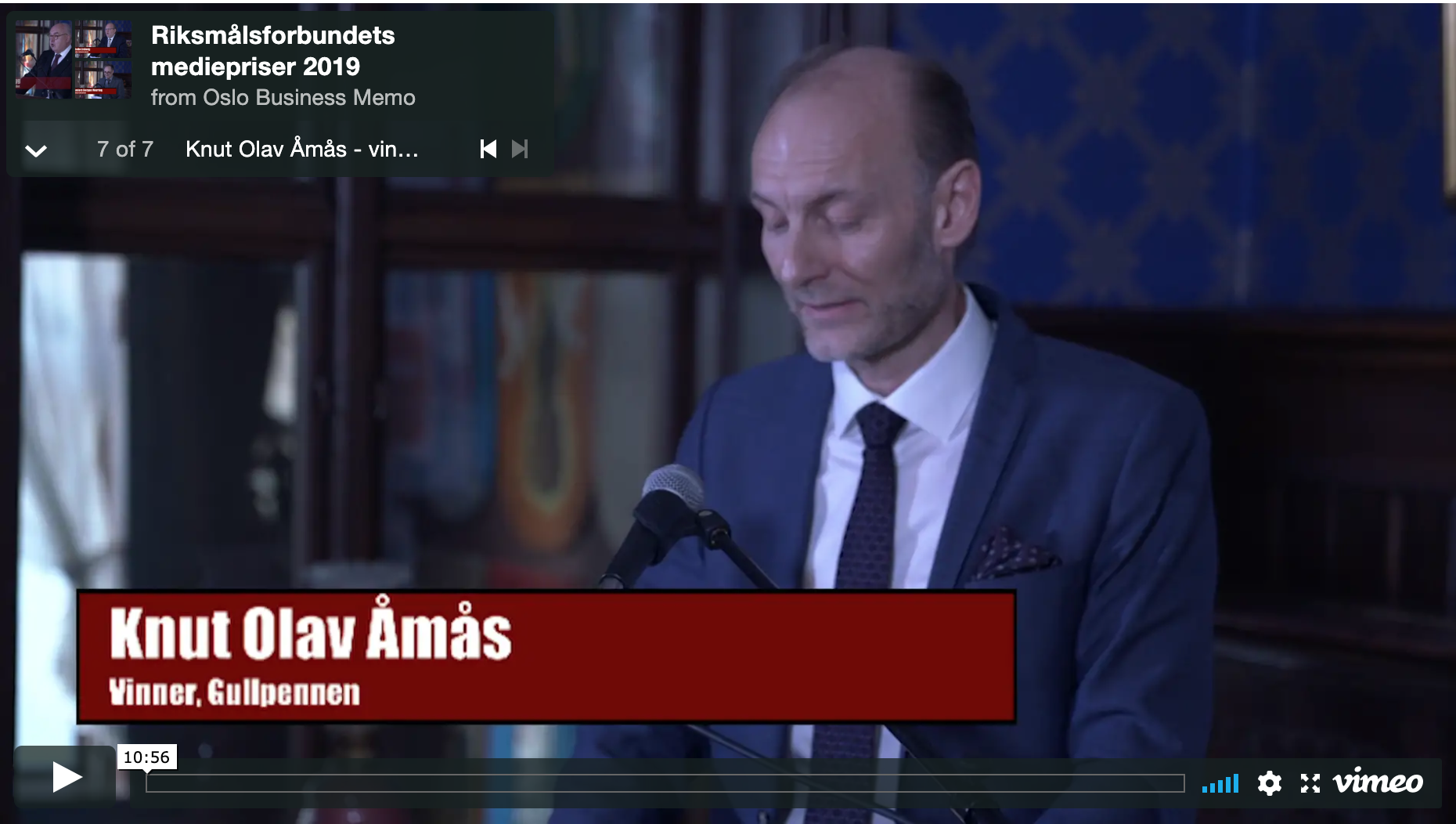 Knut Olav Åmås, direktør i Stiftelsen Fritt Ord og spaltist Aftenposten, er vinner av Riksmålsforbundets gullpenn 2019. Foto: OBM Nettkringkasting.