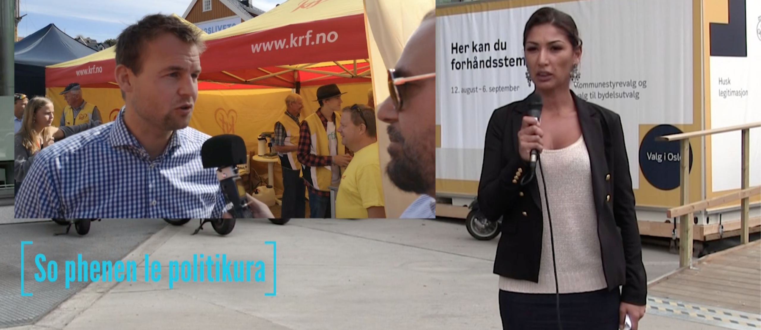 Nevimos Norvego har produsert syv sendinger i 2018 og 2019, her er programleder Safira Josef på plass foran valgboden i Nydalen. Foto: OBM
