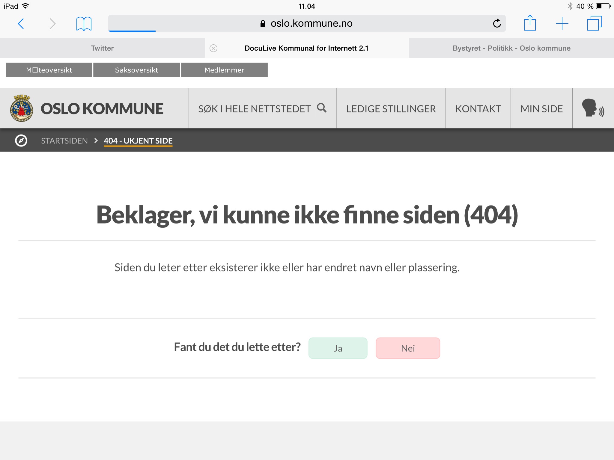 Oslo kommune sliter med linkene til dokumentene. Lørdag 14. februar 2014 var det umulig å åpne referat fra bystyret.