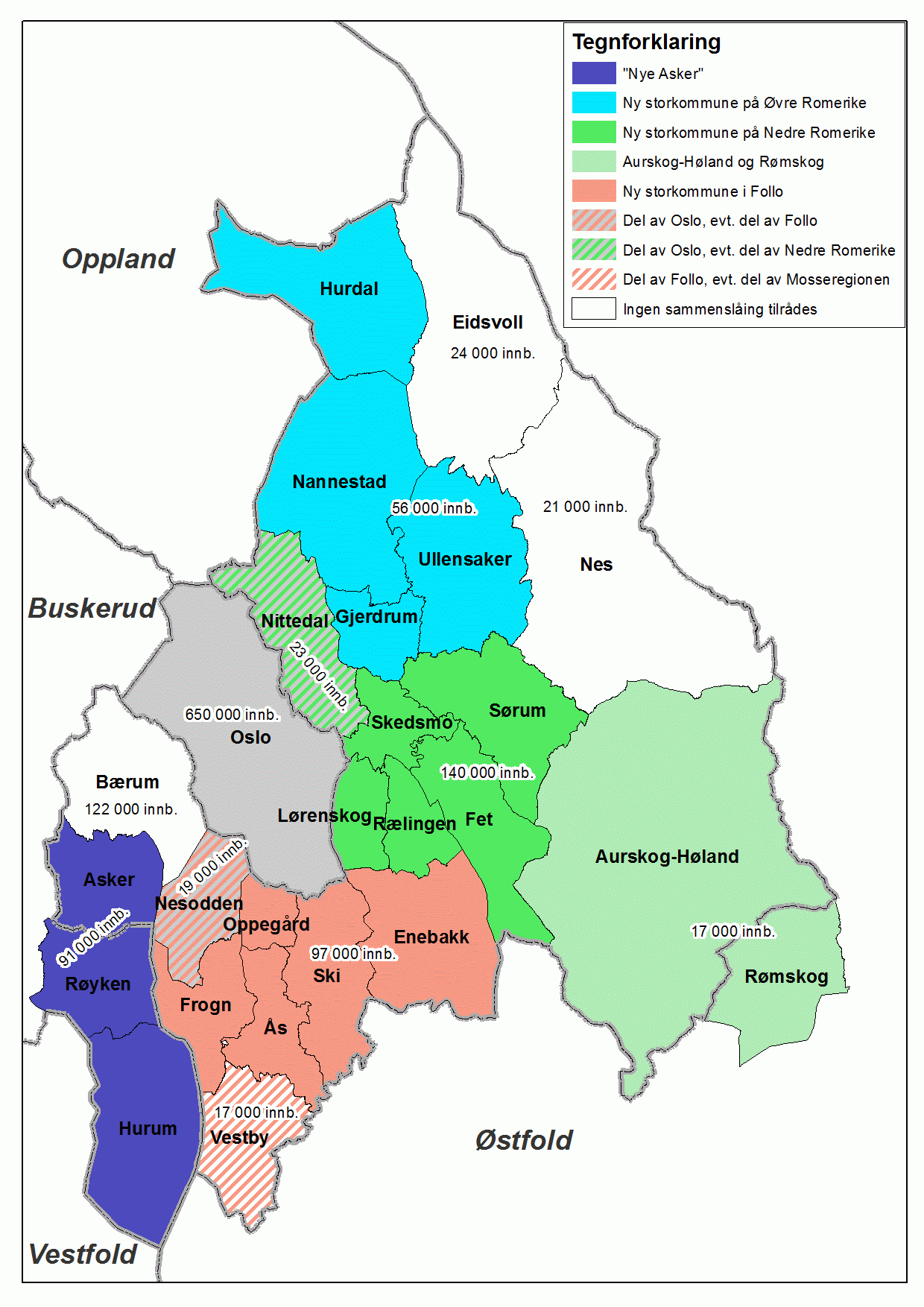 Slik blir det nye kommunekartet for hovedstadsområdet Oslo og Akershus, ifølge fylkesmannens forslag i 2016.