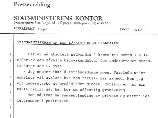 Daværende statsminister Jan P. Syse kommenterte opprullingen av misligheter i Oslo kommune i 1990.