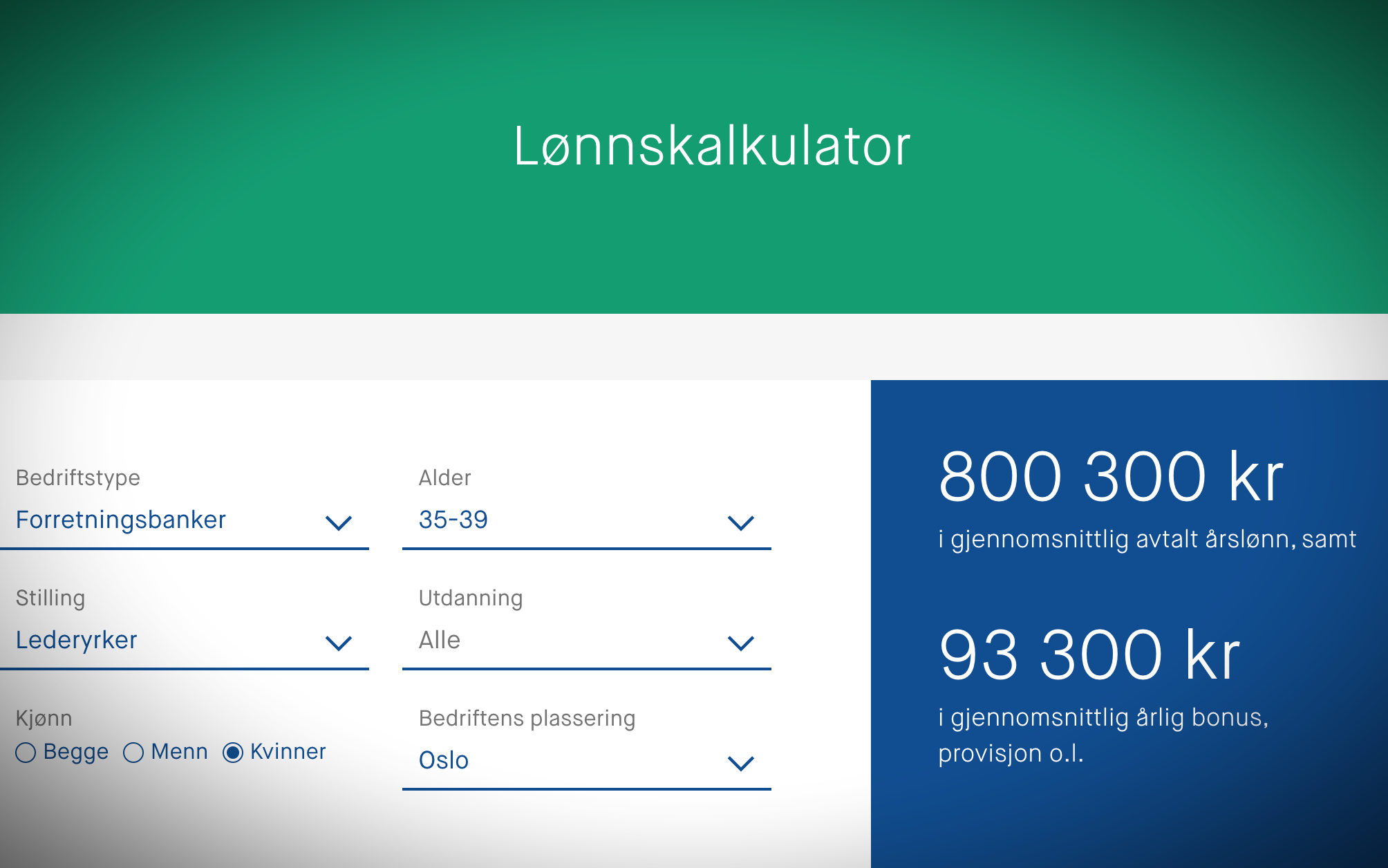 Finansforbundets lønnskalkulator får tydelig frem lønnsforskjellene mellom menn og kvinner. Faksimile finansforbundet.no.