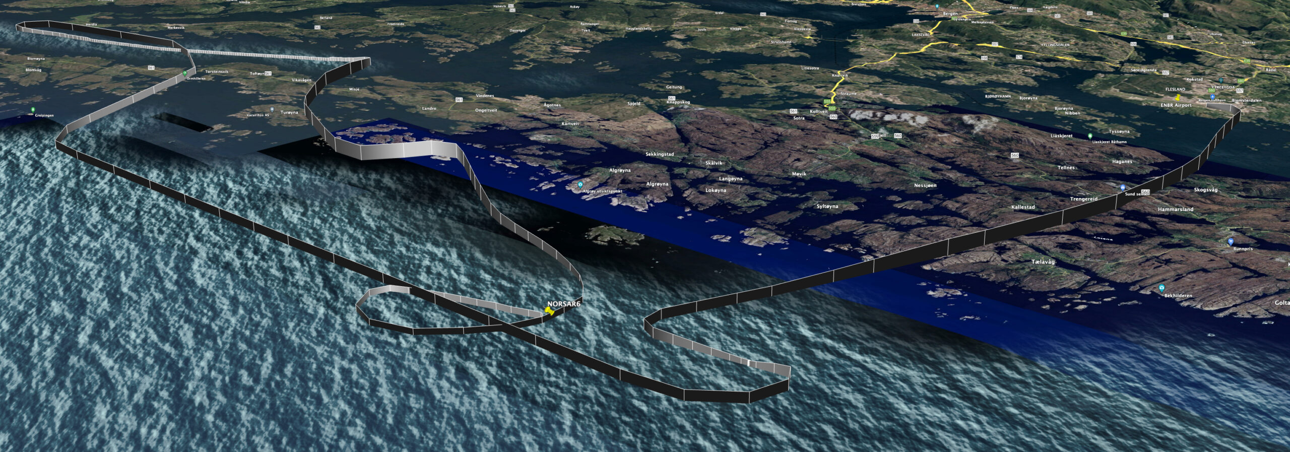 Flydata importert i Google Earth viser ruta til NORSAR6 før det krasja i vatnet utanfor Sotra. Foto: NTB / NPK