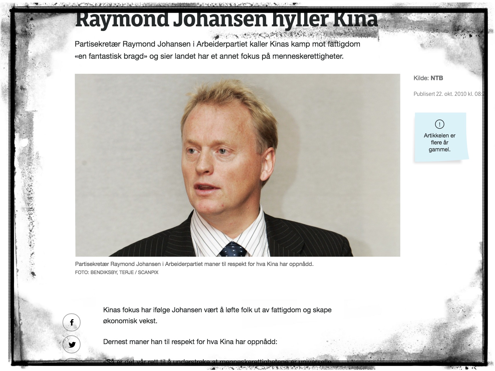 Forrige gang Raymond Johansen var i Kina, var han mektig imponert da han kom hjem - den gang som Ap-generalsekretær. Faksmiile: NTB/Nrk.no.