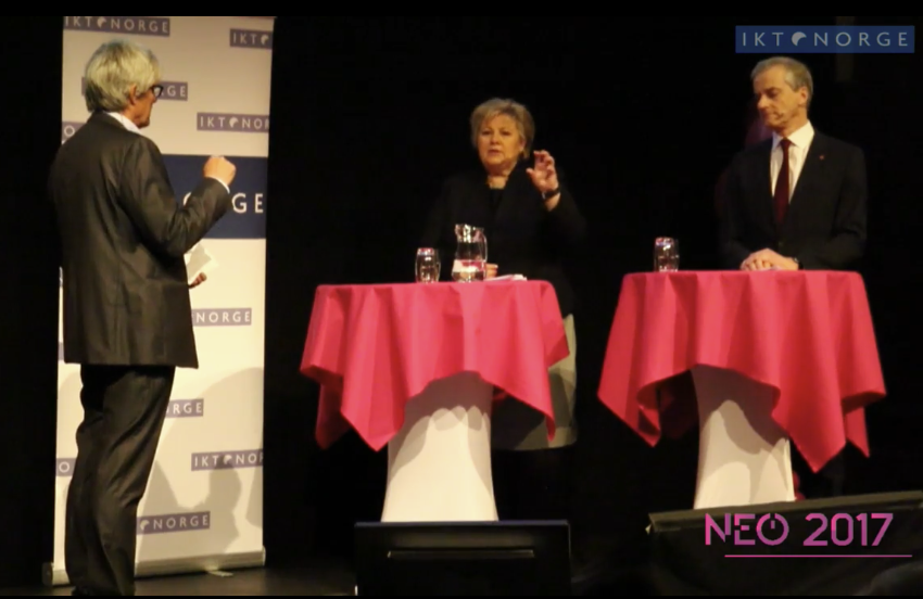 IKT Norges digitaliseringsduell mellom Erna Solberg (H) og Jonas Gahr Støre (A) i Posthallen 28. april 2017 - formidlet av OBM Nettkringkasting. Debattleder: Stein Kåre Kristiansen.