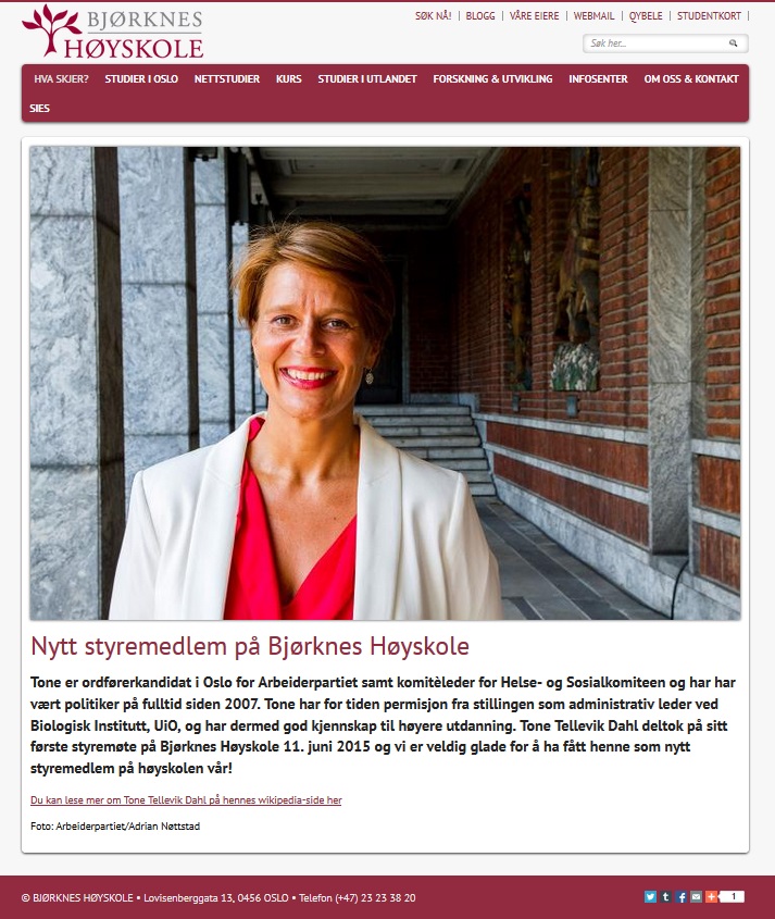 Tone Tellevik Dahl ble styremedlem i Bjørknes Høyskole AS sommeren 2015.