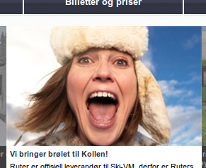 Skjermdump av Ruters VM-kampanje "Vi bringer brølet til Kollen", et slagord med minst dobbel bunn.