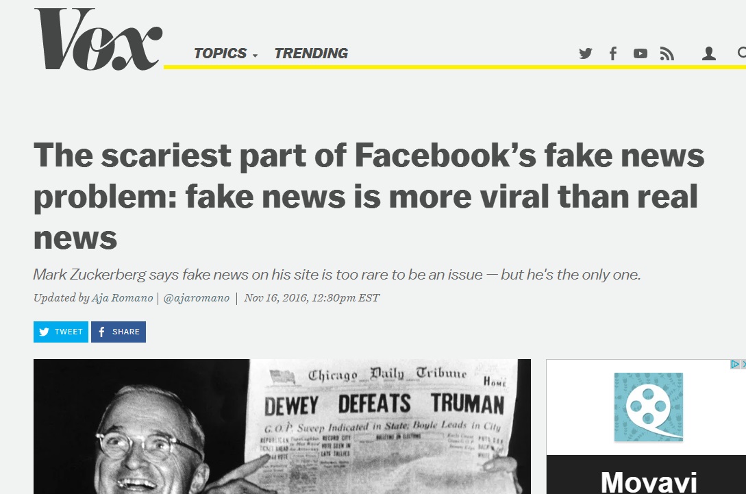 Denne faksimilen fra Vox viser skremmende tendenser for falske nyheter og vandrehistorier.