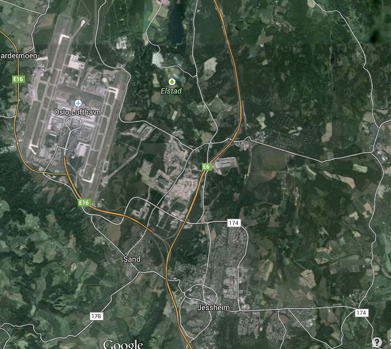 Fra tårnet på Oslo Lufthavn Gardermoen vil en se utover en sammenhengende by til og med Jessheim.  Ifølge Harald Espe vil det bli Norges 10. største by.  Illustrasjon: Google Maps